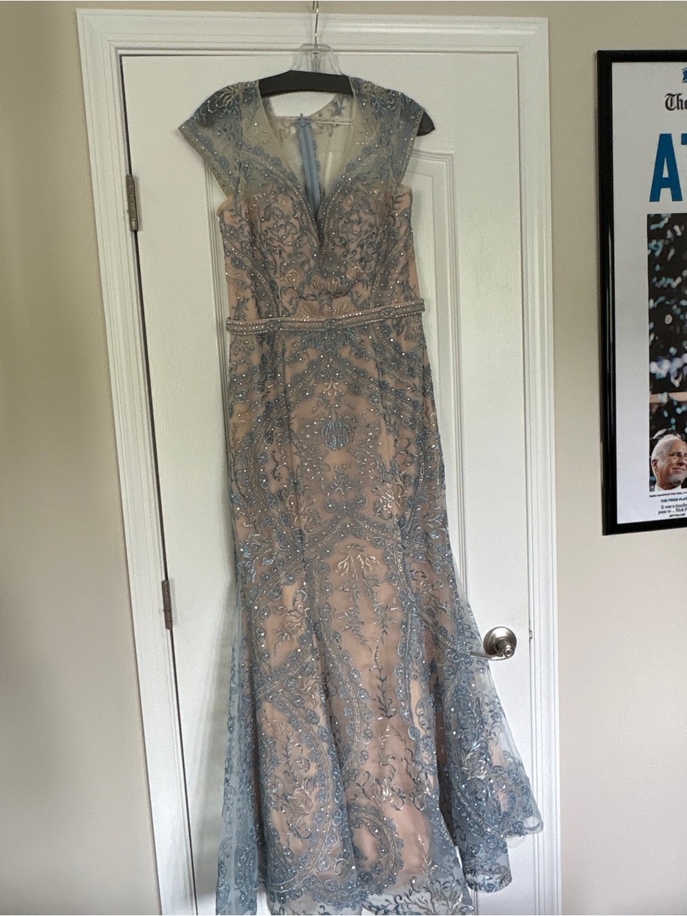 Nude-and-Blue Embroidered Lace Maxi Dress